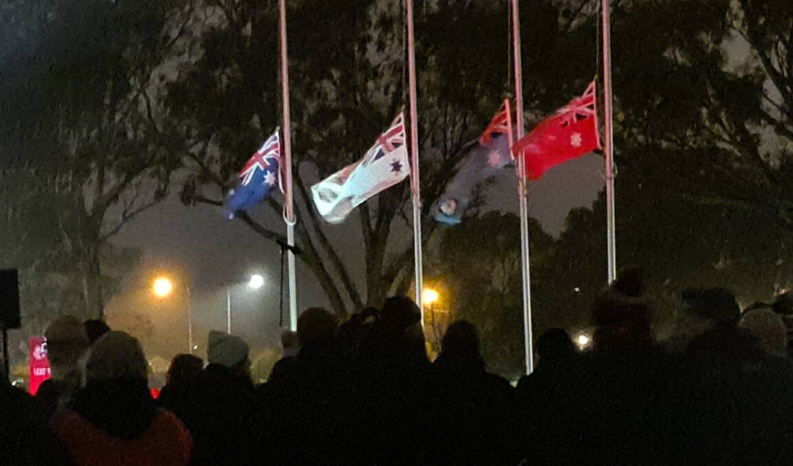 Flags at Half Past in the mist at Sawyer Park Horsham ANZACDay 2024. Picture by Sheryl Lowe