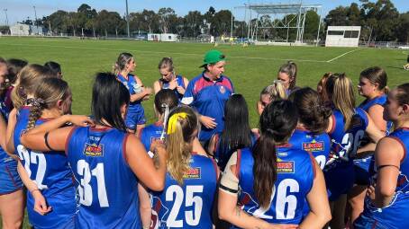Horsham's senior women in a huddle during its round one WVFFL match against Warrnambool Blues at City Oval on Sunday, April 14. Picture supplied 