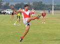Taylors Lake's Jayden Clayfield kicks for goal against Laharum in round four of the HDFNL Picture by John Hall