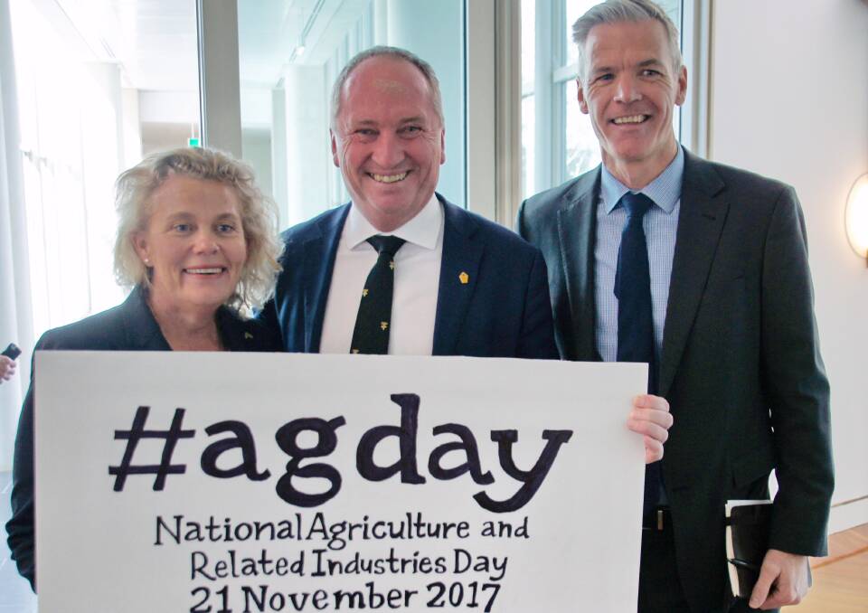 National Farmers Federation president, Fiona Simson, with the then Deputy Prime Minister, Barnaby Joyce, and NFF chief executive officer, Tony Mahar, at the recent launch of the November 21 AgDay initiative.