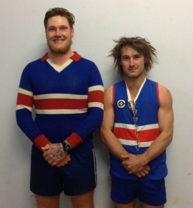 HISTORY: Kaniva-Leeor United senior coach Neil Reeve and vice-captian Josh Jarred wearing Kaniva and District Football Club jumpers. A modern versions of the jumper will be worn on Saturday. Picture: CONTRIBUTED
