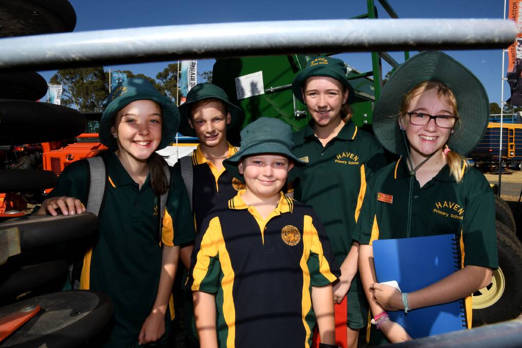 Horsham West and Haven Primary School students Alexis Richards, Drew Harris, Sam Puls, Hannah Weir and Chloe Preece, at the Wimmera Machinery Field Days.