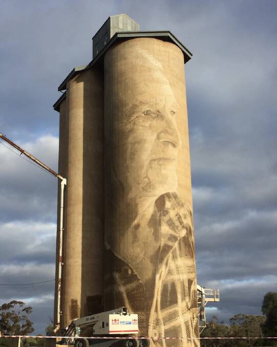 TRAIL: Street artist Rone has been painting the Lascelles silos. The silos will feature Geoff and Merrilyn Horman. Picture: CONTRIBUTED