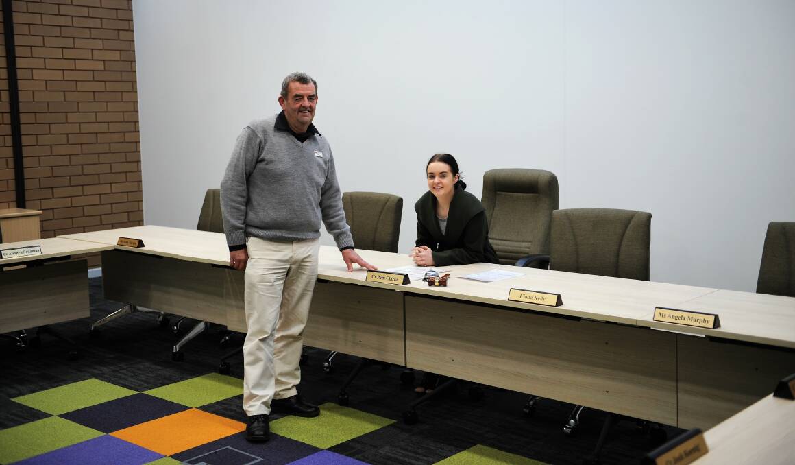 UPGRADE: Horsham Rural City Council building field officer Chris Flood and building maintenance trainee Olivia Morris in the refurbished council chamber. Picture: ERIN WITMITZ
