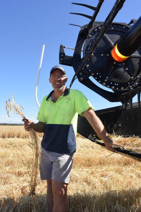 TOP CROP: Murtoa farmer Chris Delahunty harvests la trobe barley last week.He said early signs were good. Picture: GREGOR HEARD