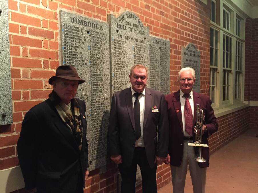 HONOUR: Dimboola RSL's Charles Rees, Ivan Jones and Ian Lehmann at the town's dawn service on Tuesday. Picture: ERIN WITMTIZ