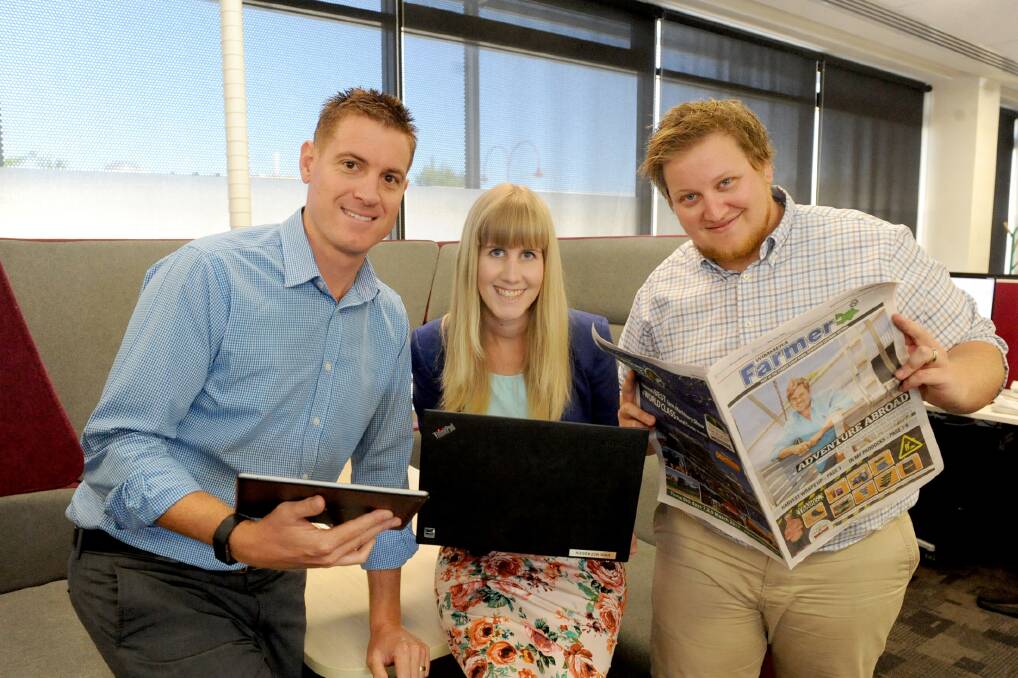 READY: Sales manager Clint King, Wimmera Farmer journalist Erin McFadden and  account manager Lachie Grantham. Picture: SAMANTHA CAMARRI