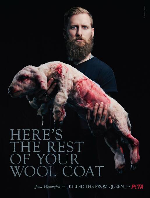 Australian musician Jona Weinhofen in PETA's controversial anti-wool campaign. Picture: PETA