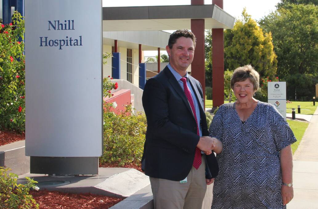 NEW LEADER: West Wimmera Health Service chief executive Ritchie Dodds with board president Leonie Clarke outside the Nhill Hospital. Picture: CONTRIBUTED