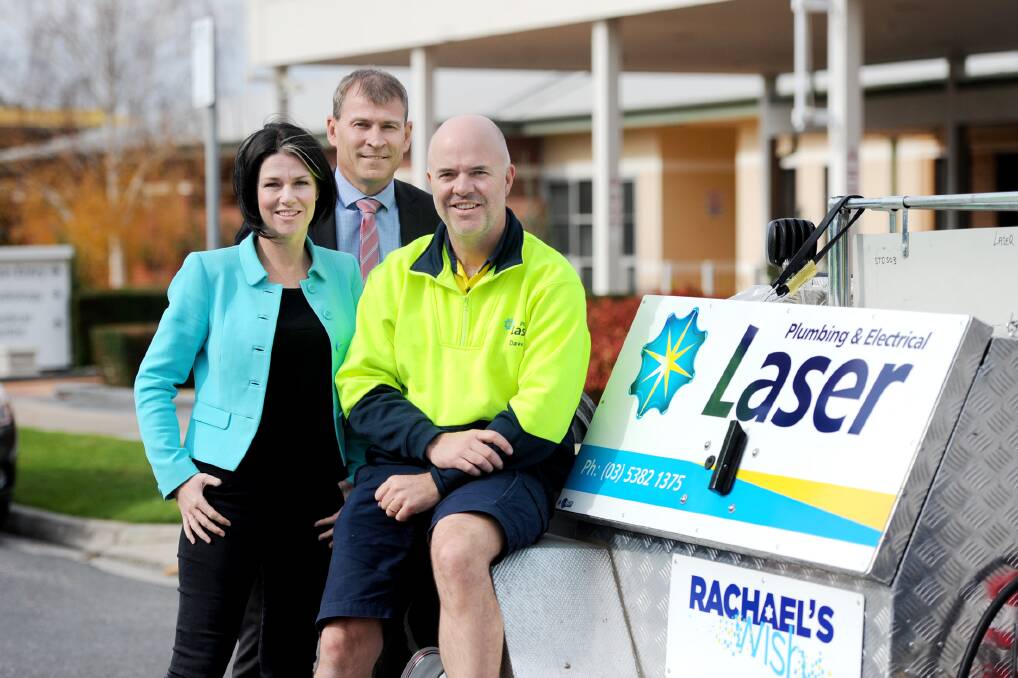DONATION: Member for Lowan Emma Kealy, Wimmera Health Care Group board member Richard Goudie and Laser Plumbing and Electrical plumbing manager David Whitworth. Picture: SAMANTHA CAMARRI