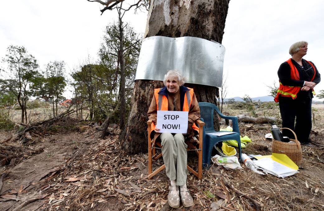 Isabel Mackenzie, 91, chained herself to a tree to protest the loss of vegetation from the Western Highway duplication. Picture: JEREMY BANNISTER