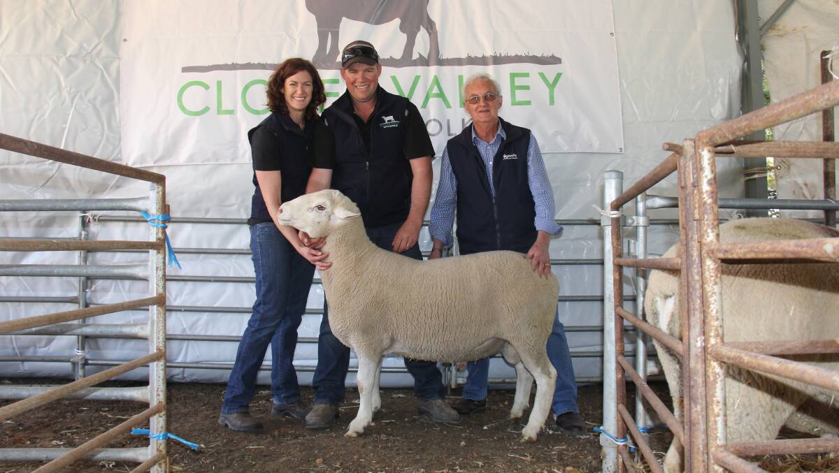 TOP: Naomi and Brad Medlyn of Clover Valley White Suffolks and Rodwells' Brian Dixon with one of the top-selling rams. Picture: NORTH CENTRAL NEWS