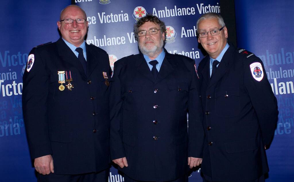 RECOGNISED: Ron Lazones, Ian Jones and Shane Edwards have been honoured for a combined 100 years of service with Ambulance Victoria.