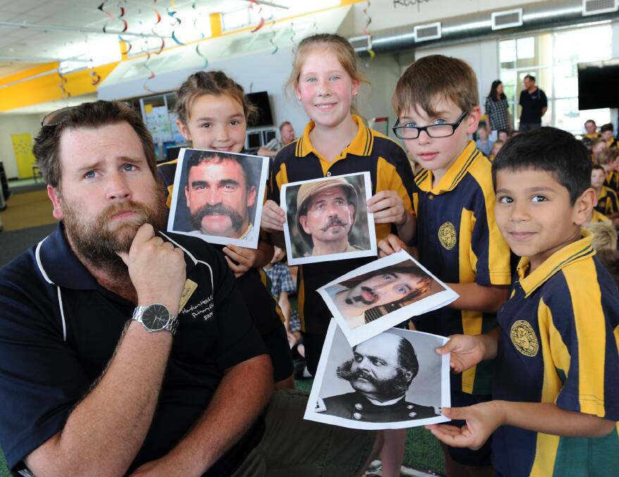 CHOICES: Horsham West Primary School teacher Ben Miatke ponders some of the choices his students put forward for his moustache style. Picture: PAUL CARRACHER