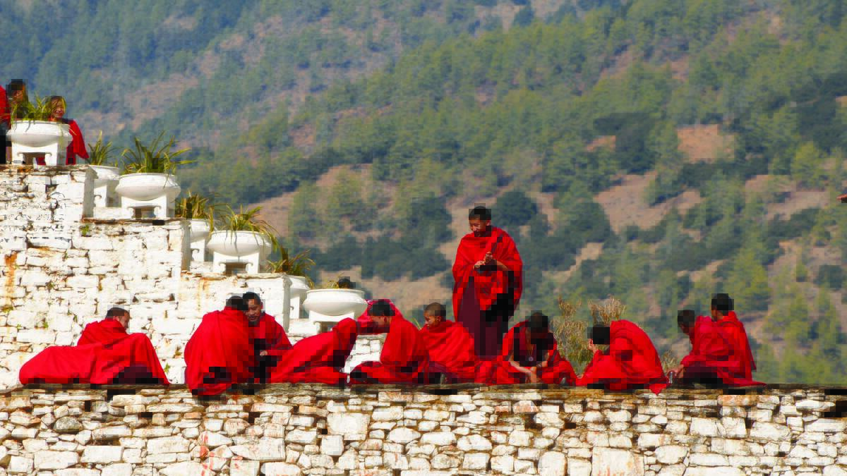 Monks in a Bhutan monastery. Image: Liz Light. 