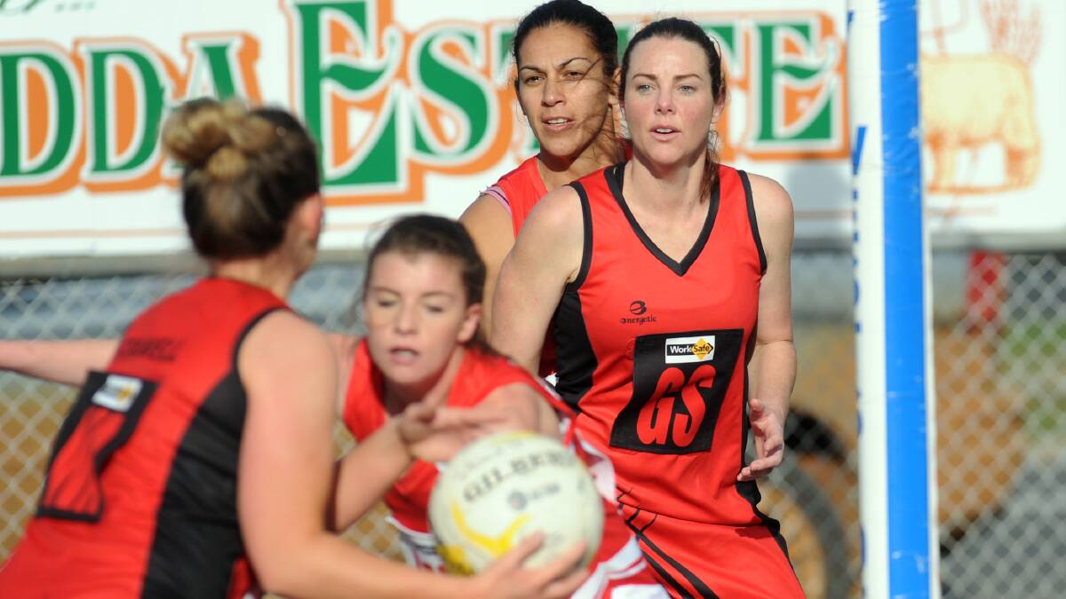 TARGET: Stawell's Liza Cook, pictured against Ararat defender Lee-Ann Moana earlier this year, netted 38 goals on Saturday in an impressive performance. It was not enough to help her side to a win though, as the Warriors went down by 15 goals against Warrack Eagles. Picture: PAUL CARRACHER