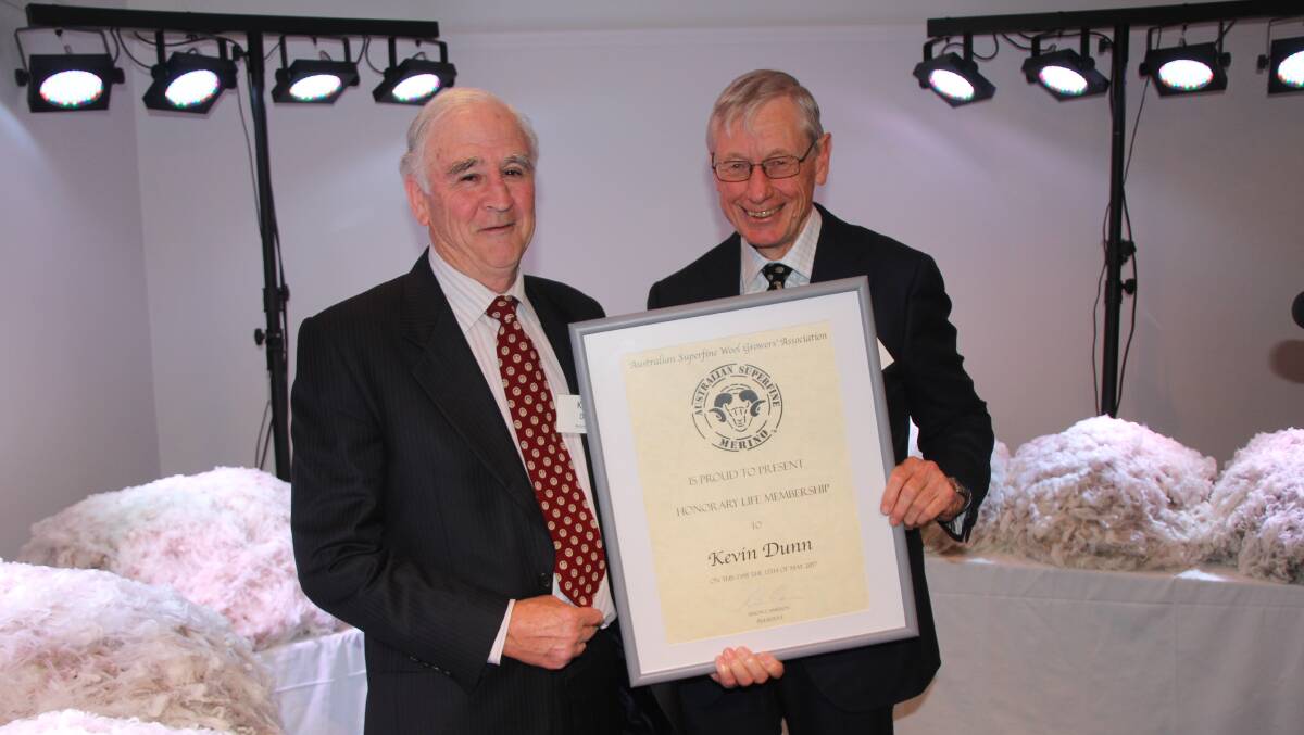 SUPER CONTRIBUTION: Kevin Dunn was awarded honorary life member of the Australian Superfine Woolgrowers Association by president Simon Cameron at this year's association conference in Hamilton. 