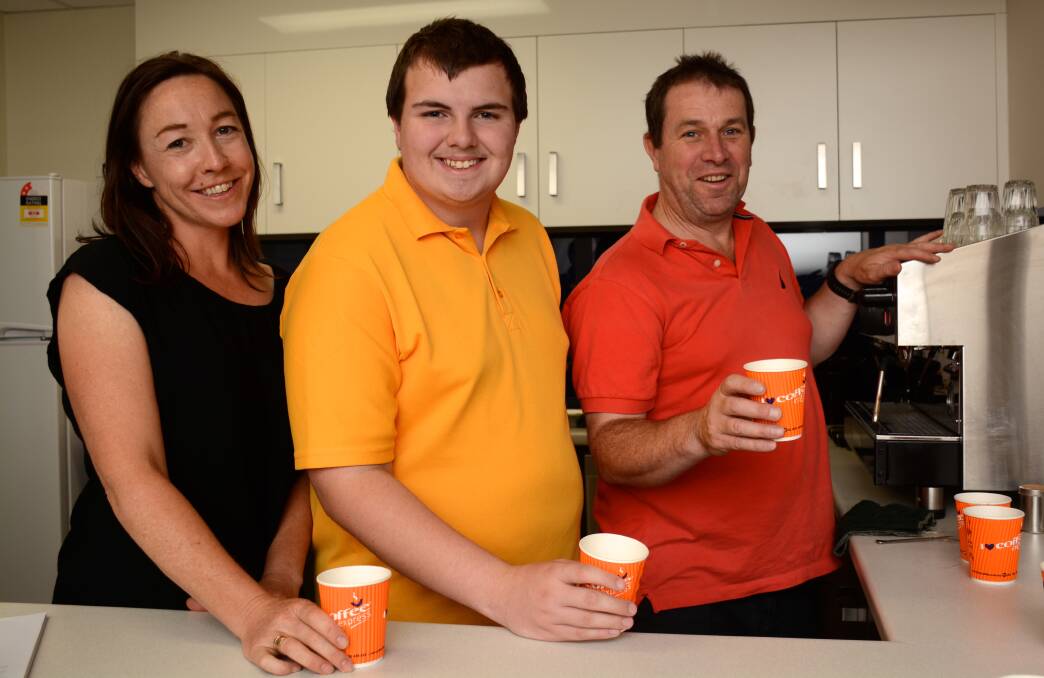 TOP BREW: Making coffee at the new YarriYak Cafe are Woodbine’s Vikki Peart, Jarod Wilson and Geoff Ward. Picture: CONTRIBUTED