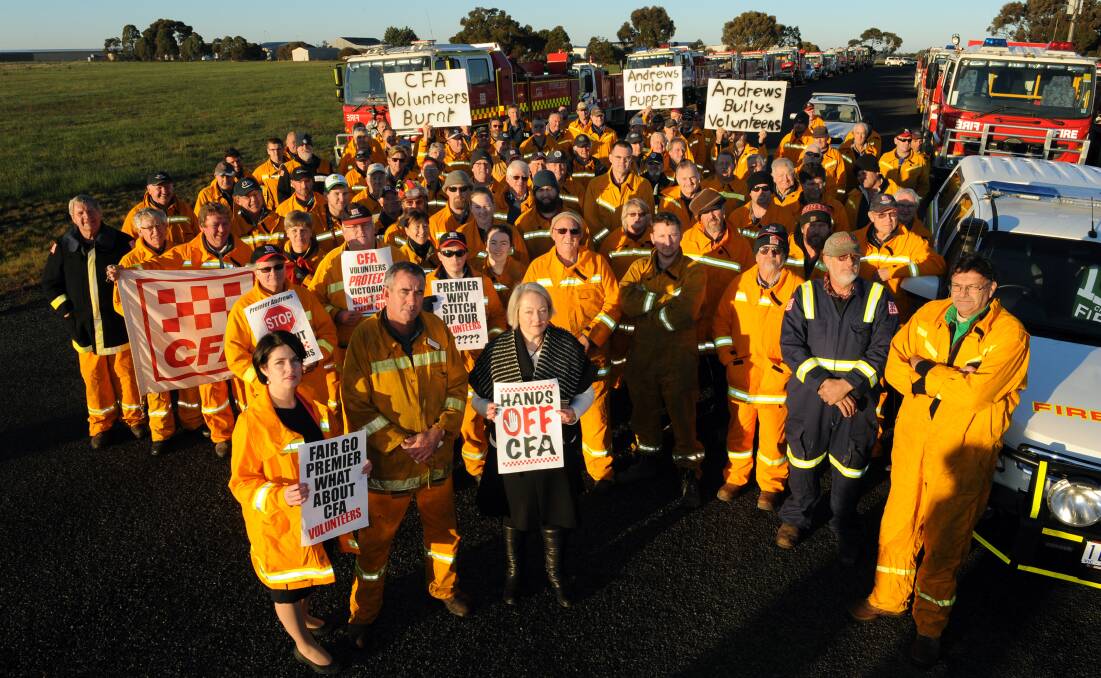 DIVISIVE: Member for Lowan Emma Kealy and Member for Ripon Louise Staley with Country Fire Authority volunteers in Ararat earlier this year. Picture: PAUL CARRACHER