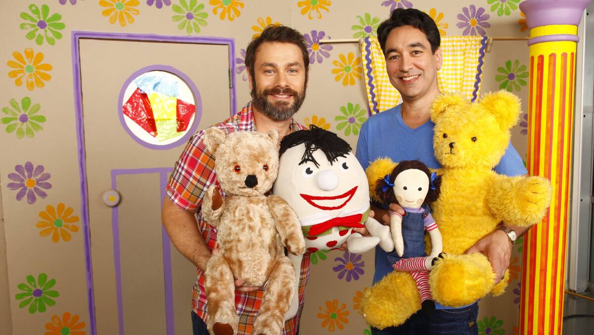 COMING SOON: Teo Gebert and Alex Papps with Play School toys Little Ted, Humpty, Jemima and Big Ted. Picture: CONTRIBUTED