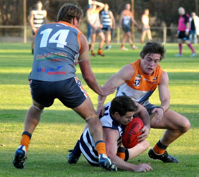 ON TARGET: Southern Mallee Gaints' Brock Orval, right, was outstanding with six goals against Walpeup-Underbool at the weekend. Picture: GEORGIA HALLAM