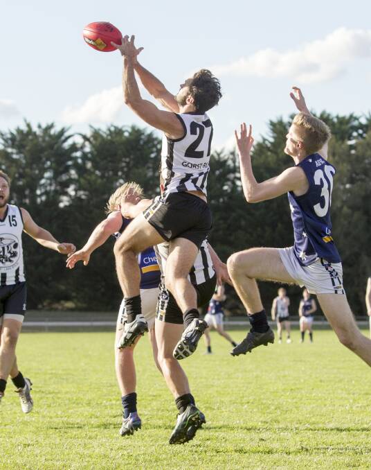 IN THE AIR: Wickliffe-Lake Bolac's Nigel Otto flies high against Ararat Eagles last weekend. Otto has been selected in Mininera's training squad. Picture: PETER PICKERING