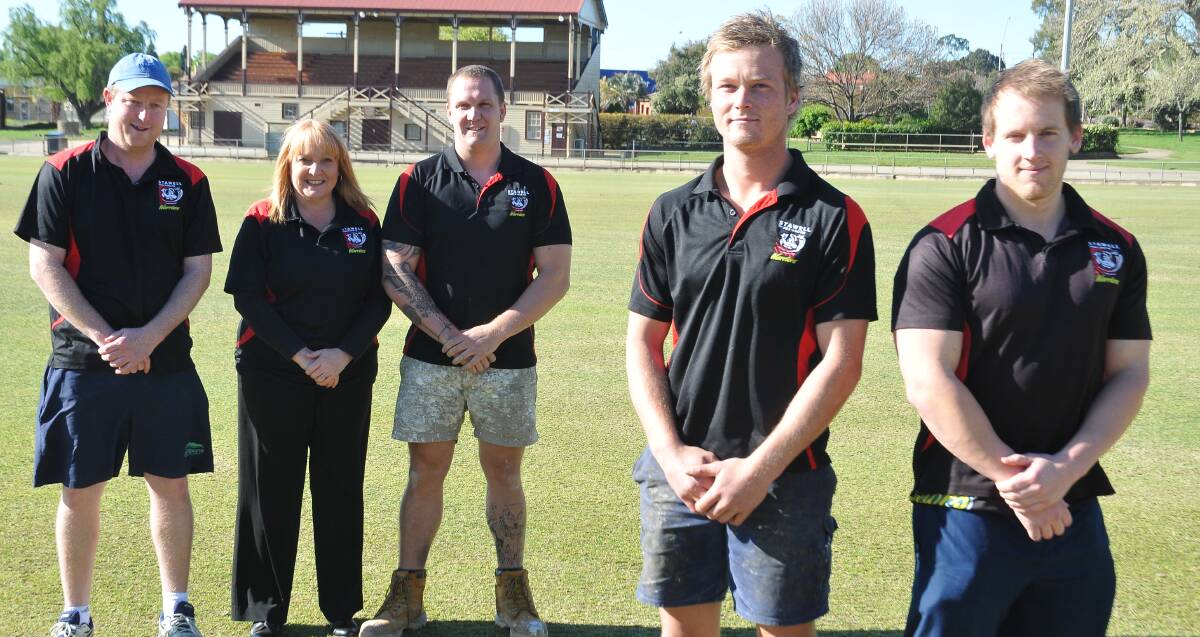 LEADERS: New coach Tom Eckel and assistant Cam Kimber stand before reserves coach Marc Brilliant, president Debbie Bach and new recruit BJ Birch. Picture: GRACE BIBBY