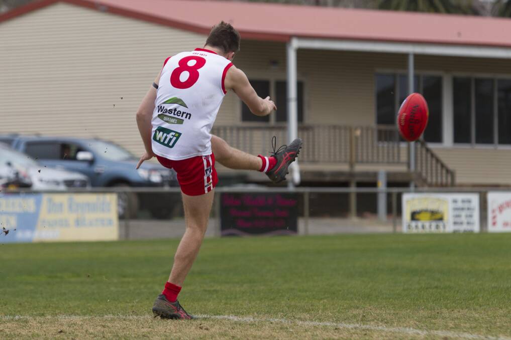 Jacob Bates takes his kick for Ararat in an earlier season match against Warrack Eagles. Picture: Peter Pickering
