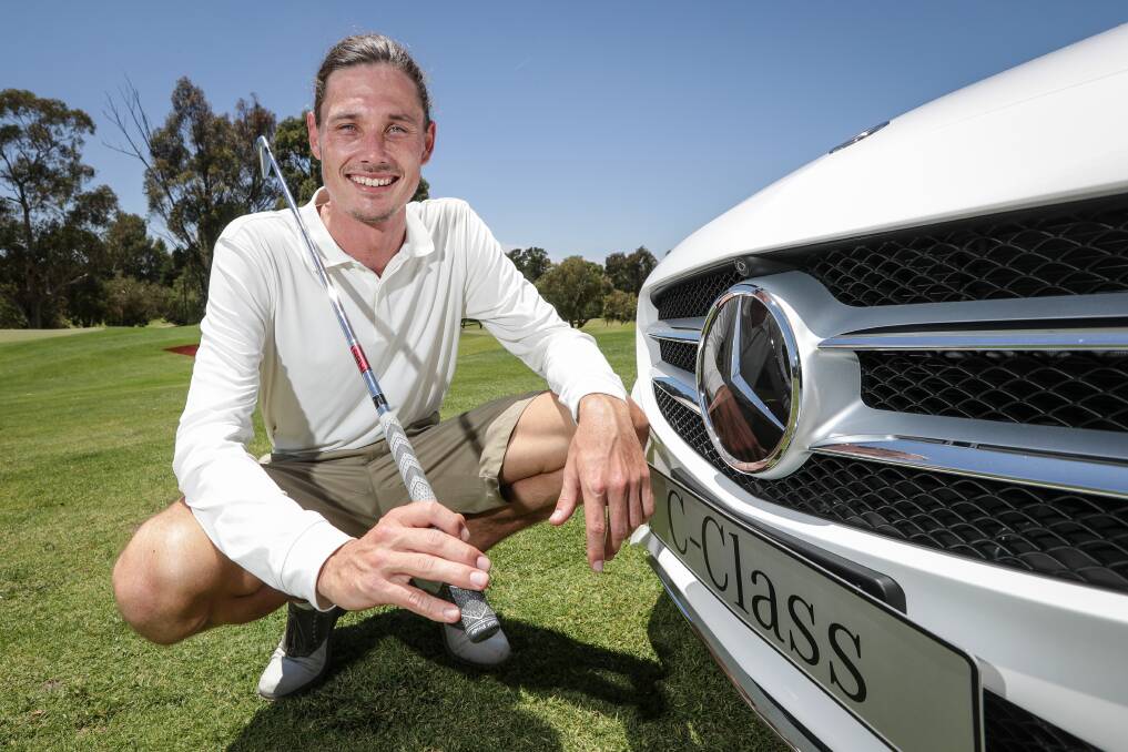 MERCEDES MOMENT: Sydney's Sam Newbrun with his new car, courtesy of Baker Motors and the Commercial Club, after his first hole in one. Picture: JAMES WILTSHIRE