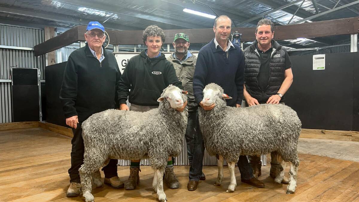 Ken, Jimmy and Ben Duxson, Glendemar, Kanya, Dean Trotter, Perillup Estate, Rocky Gully, WA, and Nutrien agent Damien Drum with Mr Trotter's two rams, including the top-priced lot of the sale for $16,000. Picture supplied