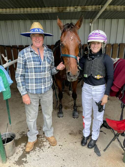GRINNERS: Ararat owner-trainer Tony Bond and Heathcote driver Shannon O'Sullivan with the mare Miss Chianti after their win at Horsham on Monday. Picture: CONTRIBUTED