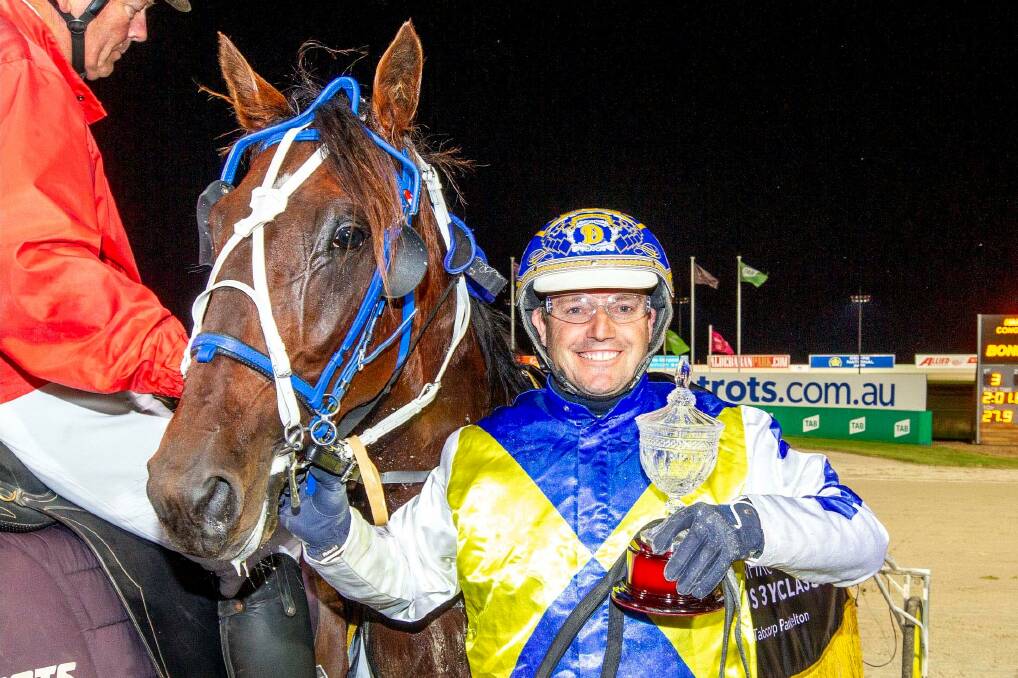 ALL SMILES: Aaron Dunn and Bondi Lockdown after their victory at Tabcorp Park Melton in the $100,000 Caduceus 3YO Classic back in January. Picture: CONTRIBUTED/HRV