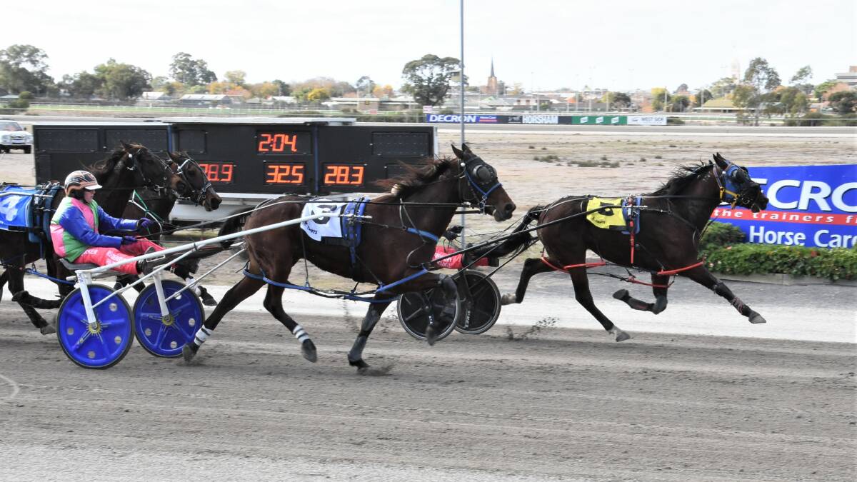 BY A NOSE: Stawell owned and trained pacer Local Icon (5) spears through along the sprint lane to claim victory at Horsham last month. Picture: CLAIRE WESTON PHOTOPGRAHY