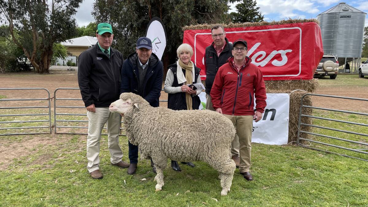 Nutrien south-east stud stock manager Peter Godbolt, Rod Miller, Glenpaen, Brimpaen, Julie Rogerson, Glenthompson, and Elders Victoria and Riverina stud stock manager Ross Milne and Elders district wool manager Elliot Lindley with Lot 7 that made $9750. Picture by Philippe Perez