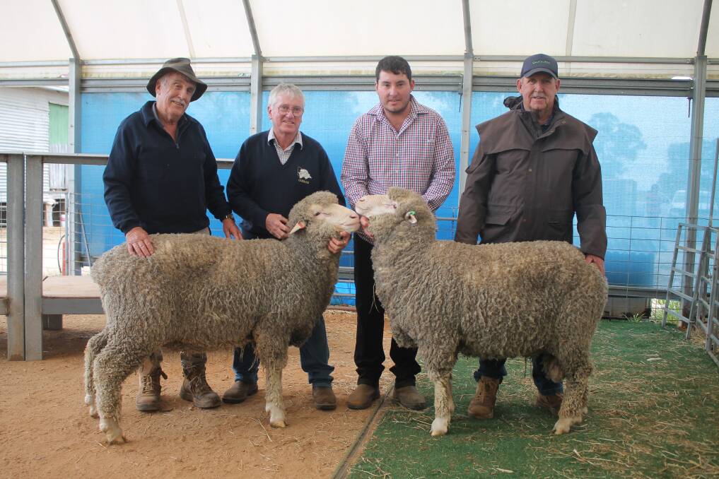 The top two lots at the sale were sold to Wayne Jones, Donald, for $6000 and $5000, respectively. He was pictured with Warren and Jack McCrae, Oakbank, Gre Gre North, and Geoff Brown, Donald, who works with Mr Jones. Picture by Philippe Perez