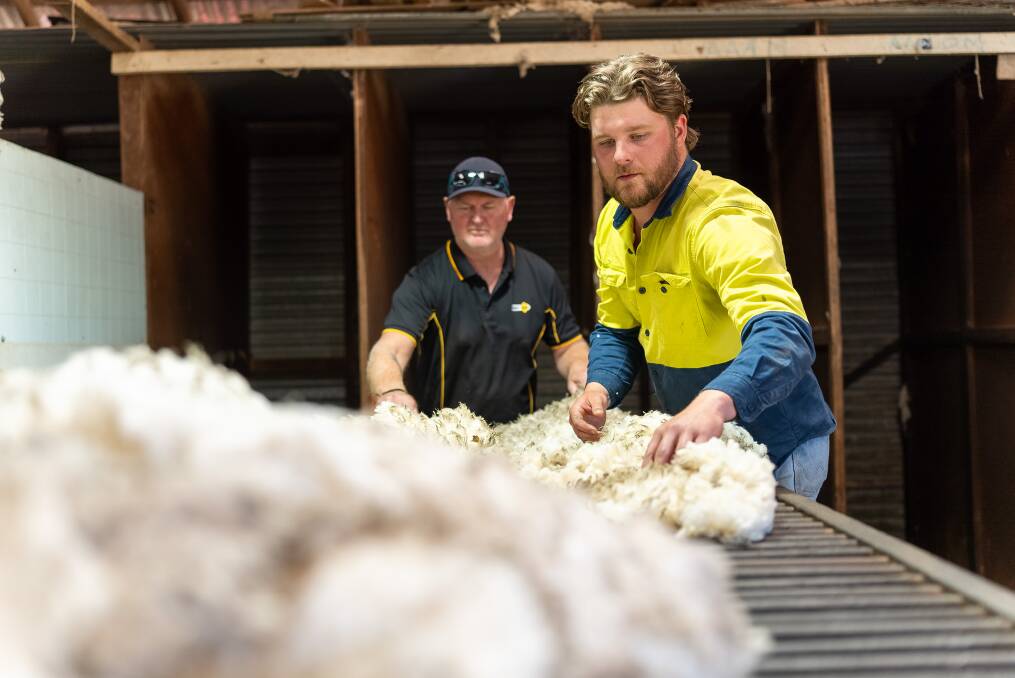 Sheep and cropping farmer Jack Armstrong (right) with WorkSafe Inspector Dallas Braam at his Yalla-Y-Poora farm. Picture supplied