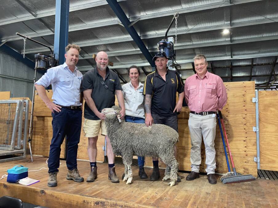 AWN wool and sheep specialist Russell Macgugan, Nextgen Agri consultant Darren Gordon, Elise Kealy, Curlew, Charam, buyer Adam Berwick, Cavendish, and Elders district wool manager Andrew Howells with the top $7250 ram. Picture supplied