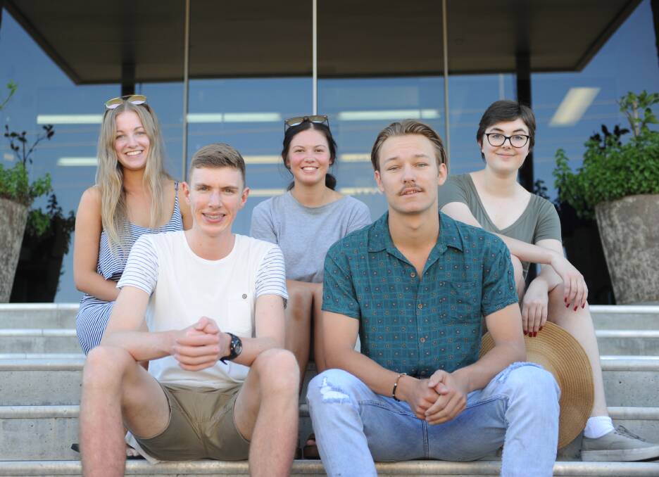 HARDWORK: St Brigid's College year 12 students Claire Burke, Esther Craig, Madeleine Trudel, Ethan Jolley and Matthew Maroske waiting for their final results. Picture: DAINA OLIVER
