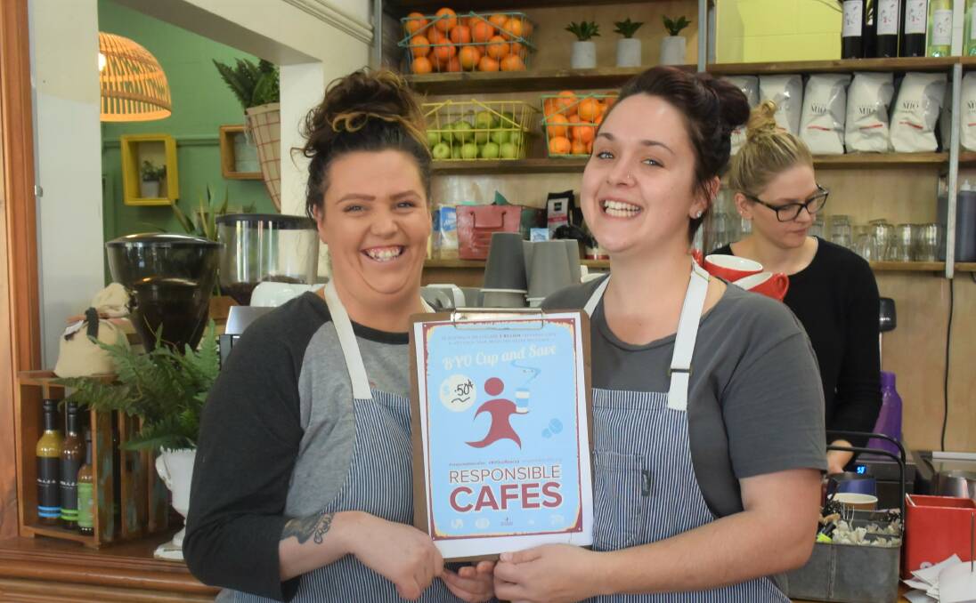 RECYCLE: Cafe Chickpea workers, Jess Cossar and Nat Edwards, are looking forward to customers getting involved with responsible cafes and reusable cups. Picture: DAINA OLIVER.