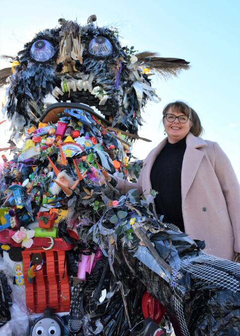 WASTE-EATING BUNYIP: Horsham artist Nichola Clarke's sculpture built entirely of rubbish now resides in Bunnings car park. Picture: DAINA OLIVER