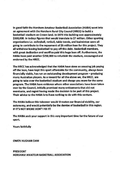 A letter published on the Horsham Amateur Basketball Association Facebook page.
