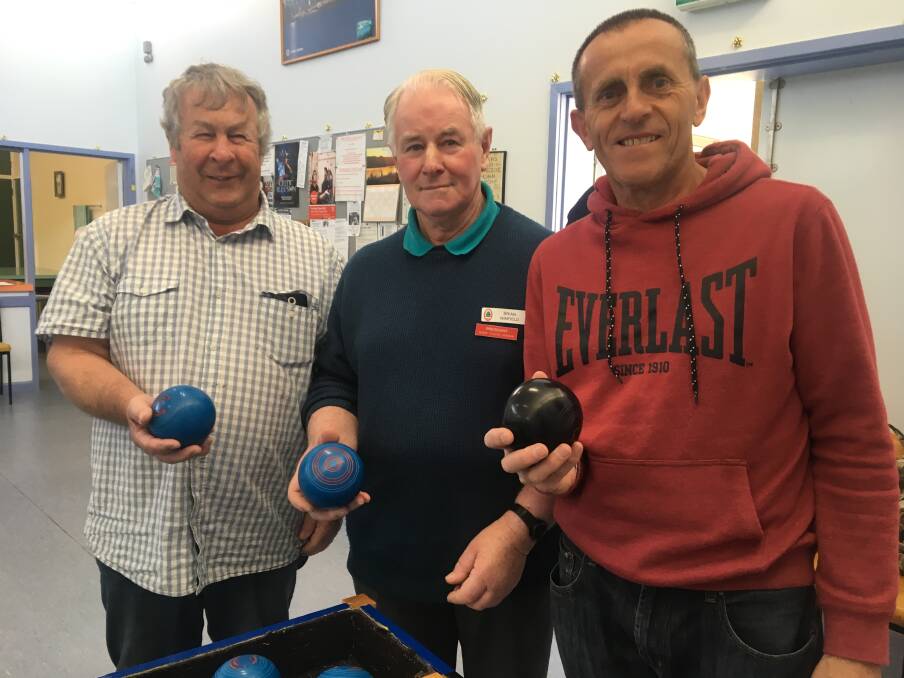 CARPET BOWLS: Tim Vanstan, Brian Winfield and Maurice Rudolph attending a games day during Seniors Week. Picture: DAINA OLIVER.
