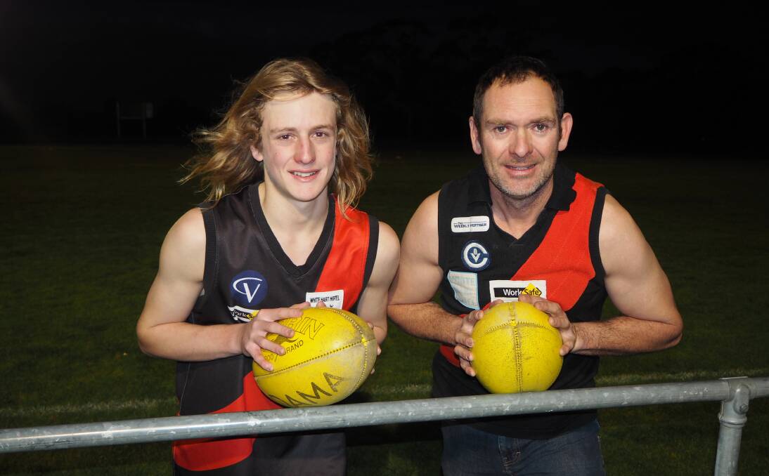 FOR THE LOVE OF THE CLUB: Jye Walter and father Jason 'Jardy' Walter hope to play their first game together at the weekend. Jason has played a game every year since Noradjuha and Quantong amalgamated 20 years ago. The Bombers will take on Laharum at the Quantong Recreation Reserve. Picture: GREGOR HEARD