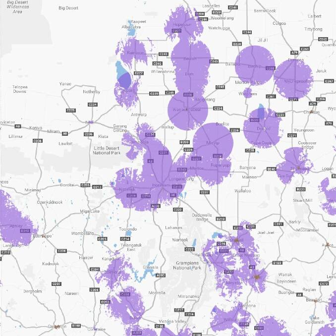 NBN Co's rollout map. Purple indicates areas where services are available, while brown indicates where the rollout is underway.