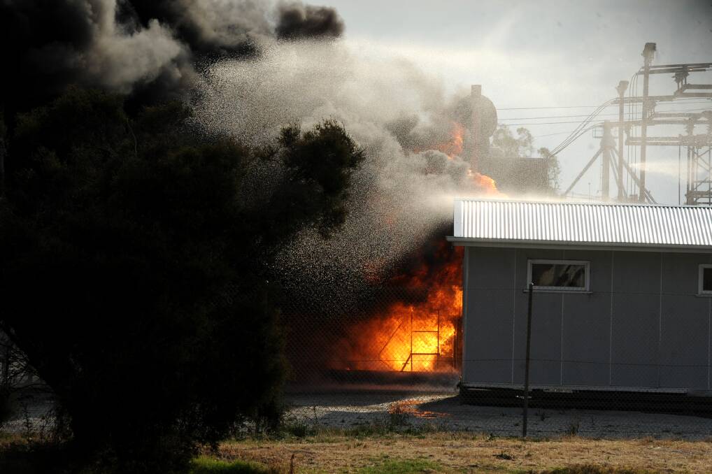 Fire rages at the Horsham substation in Stawell Road on Wednesday. Picture: SAMANTHA CAMARRI
