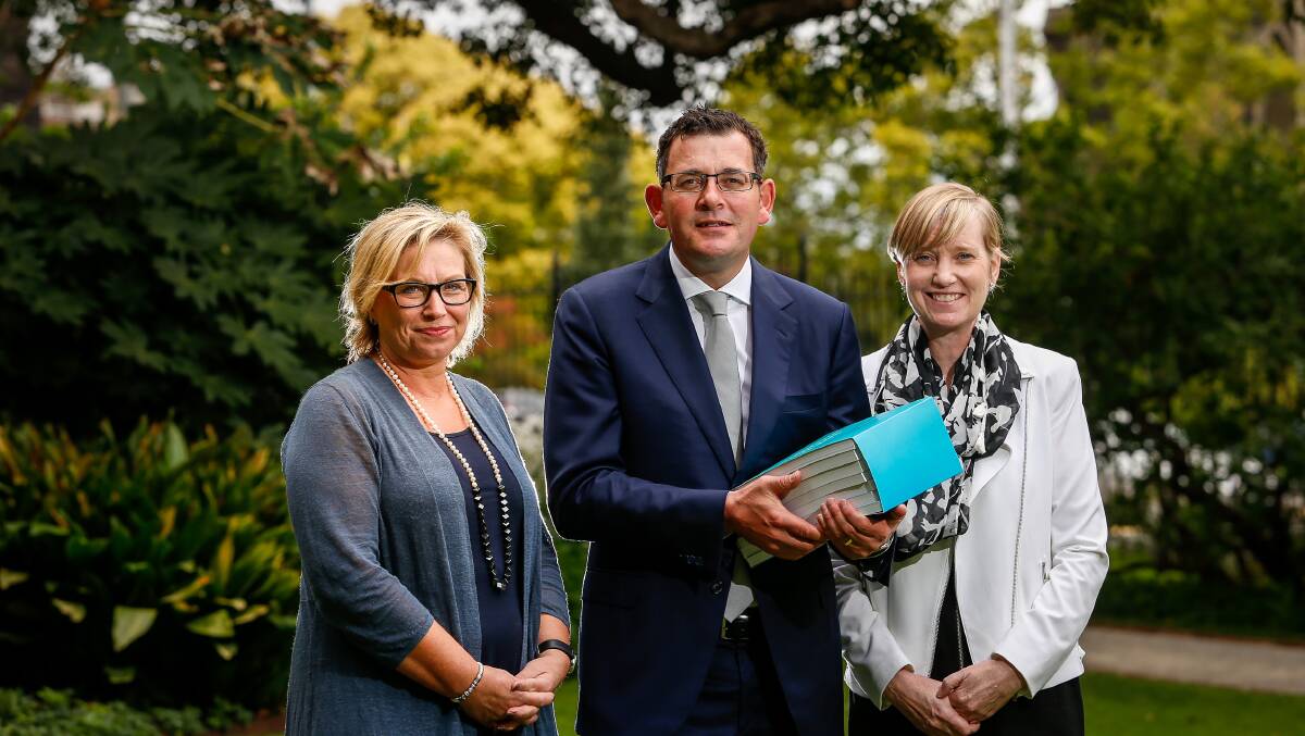 Rosie Batty, Premier Daniel Andrews and Family Violence Prevention Minister Fiona Richardson at Parliament House on Wednesday for the launch of the Royal Commission into Family Violence report. Photo: EDDIE JIM