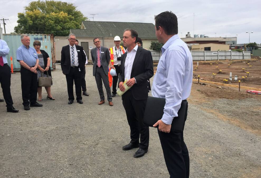 Health Minister Greg Hunt addresses the crowd at the Wimmera Cancer Centre site in Horsham on Wednesday, with Member for Mallee Andrew Broad beside him.