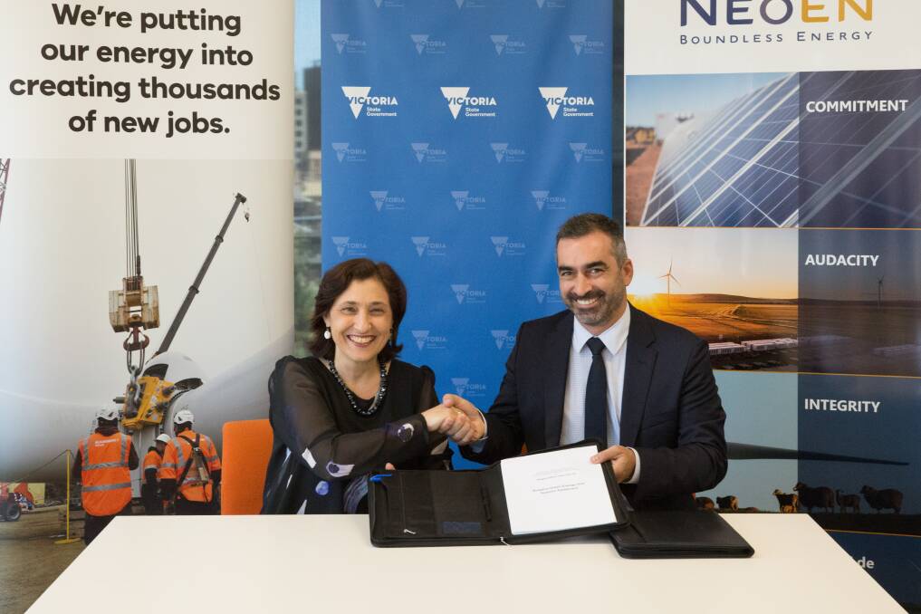 Victorian Energy, Environment and Climate Change Minister Lily D’Ambrosio and Neoen Australia managing director Franck Woitiez. Picture: CONTRIBUTED