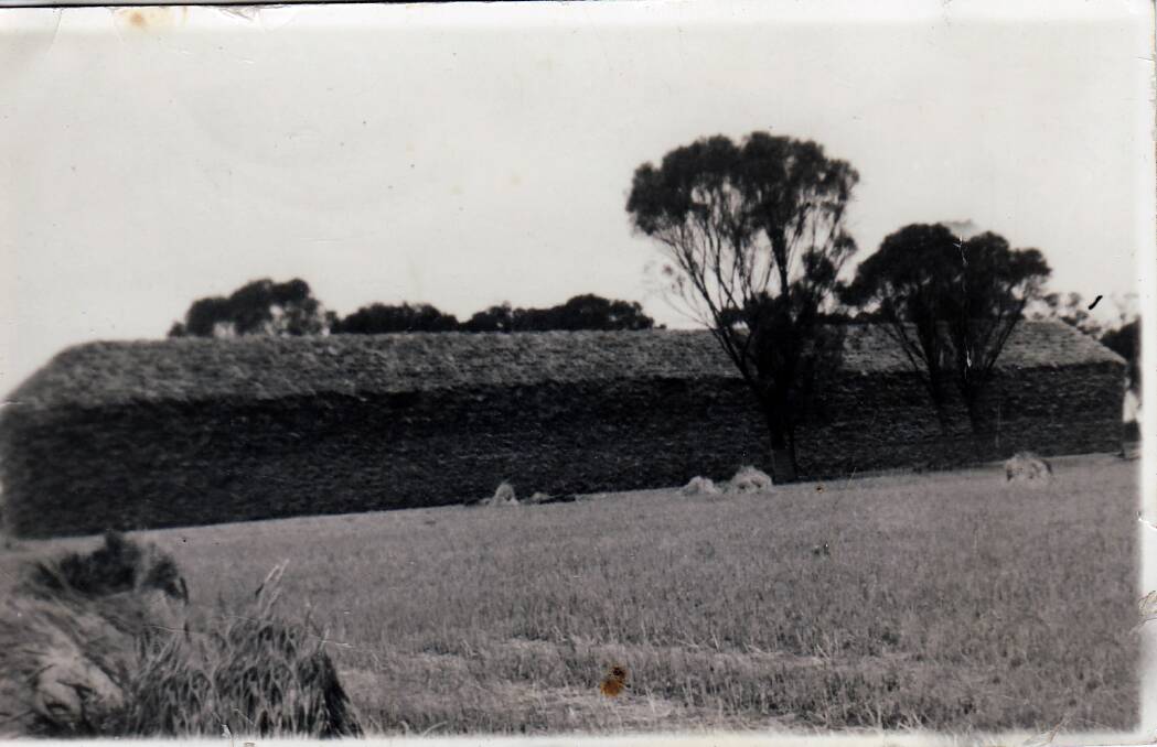 MONSTER: A 200-tonne hay stack at Miram in the 1930s, built by brothers Laurie and Gordon Rogers. Picture: CONTRIBUTED