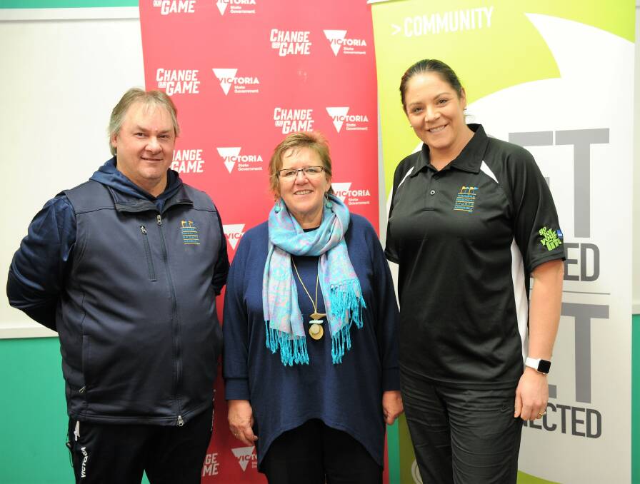 Wimmera Regional Sports Assembly's David Berry, Centre for Participation chief executive Julie Pettett, and sports assembly project co-ordinator Rebecca McIntyre. Picture: CARLY WERNER